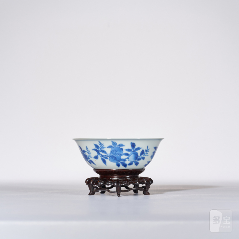 清康熙 青花三多纹卧足碗 - 图5